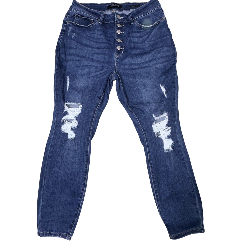 Judy Blue 16W Skinny Jeans Dark Wash‎ Distressed Ripped Button Fly High Rise - Picture 4 of 7